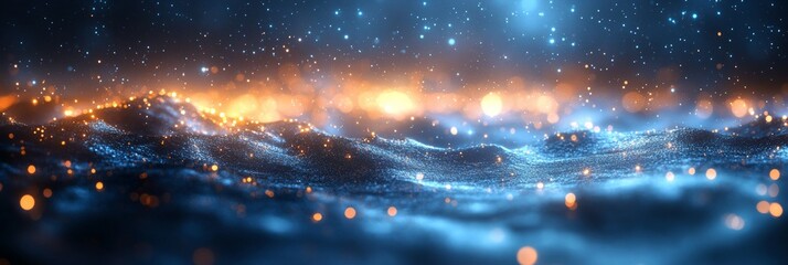Abstract background showcasing a mesmerizing scene of glowing particles forming a dynamic, wavy landscape beneath a captivating starry sky