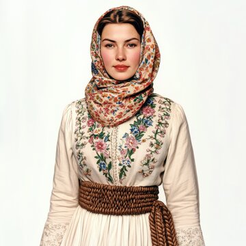 A russian woman in traditional attire with a floral scarf and embroidered dress.