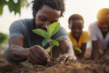 A diverse family of three generations plants trees together in an urban park, each holding a young sapling.