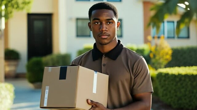 A man is holding two boxes and has a serious expression on his face