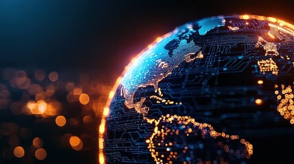 A glowing, digital representation of Earth showcasing intricate circuits and vibrant colors against a dark background, symbolizing technology and global connectivity.