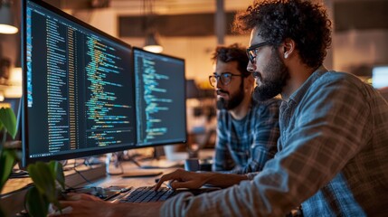 Two software developers collaborate at their computers, focusing on coding illuminated by multiple monitors displaying colorful code in a modern workspace with plants.