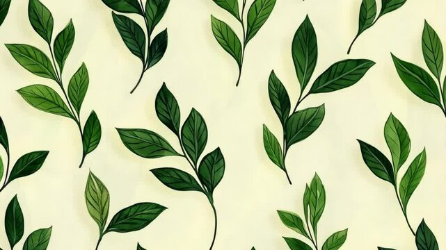Numerous dark green leaves on slender stems are arranged in a repeating pattern against a soft, creamy yellow backdrop