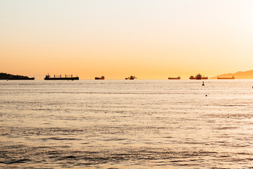 Cargo ships standing in the bay in the rays of sunset