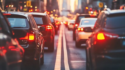 Cars are stopped in traffic in the city at dusk.