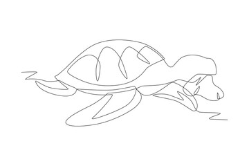 Fototapeta premium Turtle bites plastic waste. Plastic pollution concept one-line drawing