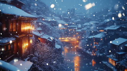 幻想的な雪降る夜の古都・雪化粧した伝統的な町並みと温かな灯りの風景｜歴史ある町家と石畳の路地が織りなす日本の美｜冬の観光スポット・旅行写真におすすめの絶景スポット【絶景夜景・雪景色】