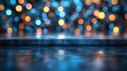 Empty marble table illuminating a cold blue and orange bokeh background, perfect for showcasing products