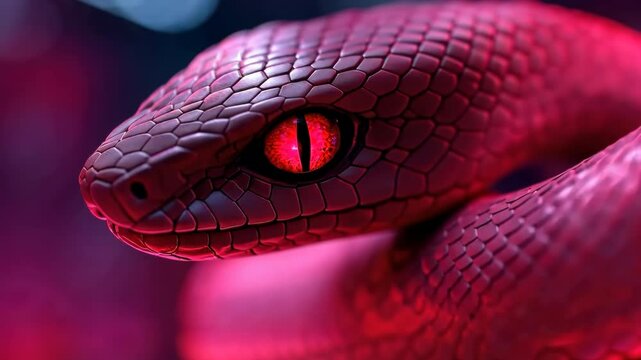 A close up of a red snake with a red eye