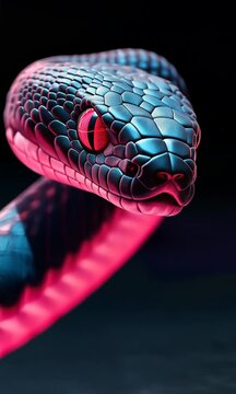 A close up of a snake with red eyes and a pink body