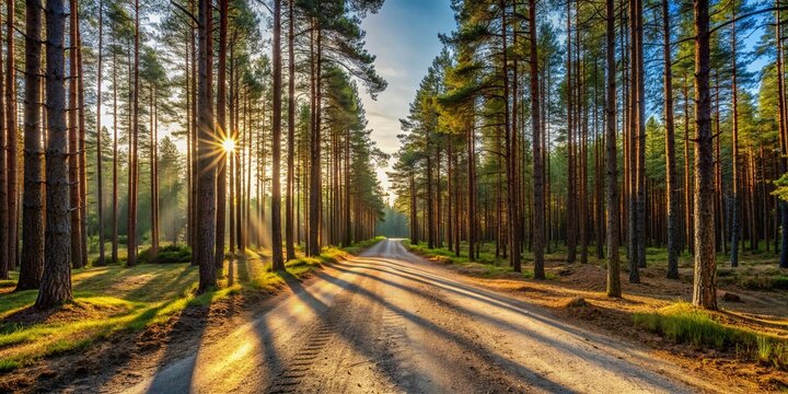 Serene Empty Sandy Dirt Road Through Lush Pine Forest in Northern Sweden, Capturing Shadows and Tranquility of Scandinavian Wilderness