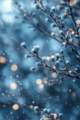 Fototapeta premium Sparkling bokeh lights illuminate frosted branches, creating a magical winter wonderland scene