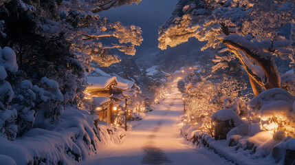 幻想的な雪降る夜の古都・雪化粧した伝統的な町並みと温かな灯りの風景｜歴史ある町家と石畳の路地が織りなす日本の美｜冬の観光スポット・旅行写真におすすめの絶景スポット【絶景夜景・雪景色】