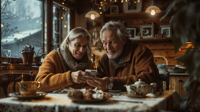 Elderly couple enjoying tea and browsing on a smartphone in a cozy, rustic café, surrounded by warm wooden interiors, glowing fairy lights, and a charming wintery ambiance - Powered by Adobe