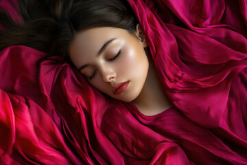 Naklejka premium Young woman peacefully sleeping in soft, vibrant red silk fabric, showcasing tranquility and elegance.