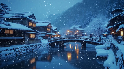 幻想的な雪降る夜の古都・雪化粧した伝統的な町並みと温かな灯りの風景｜歴史ある町家と石畳の路地が織りなす日本の美｜冬の観光スポット・旅行写真におすすめの絶景スポット【絶景夜景・雪景色】