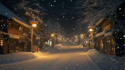 幻想的な雪降る夜の古都・雪化粧した伝統的な町並みと温かな灯りの風景｜歴史ある町家と石畳の路地が織りなす日本の美｜冬の観光スポット・旅行写真におすすめの絶景スポット【絶景夜景・雪景色】