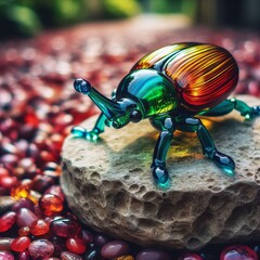 Vibrant Glass Beetle on Stone A beetle sculpture perched on a te