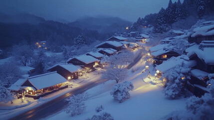幻想的な雪降る夜の古都・雪化粧した伝統的な町並みと温かな灯りの風景｜歴史ある町家と石畳の路地が織りなす日本の美｜冬の観光スポット・旅行写真におすすめの絶景スポット【絶景夜景・雪景色】