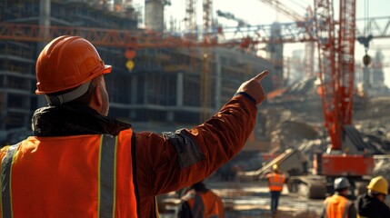 Confident Construction Manager Leading Team at Busy Construction Site with Cranes, Concrete Mixers, and Building Plans in Focus