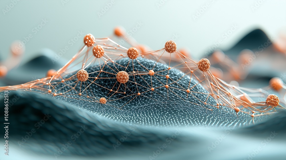 Poster clean and minimalistic 3d render of abstract networks on flowing terrain with organic forms and soft