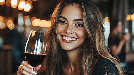 A close-up shot features a woman with long brown hair, radiant smile, and flawless makeup holding a glass of red wine