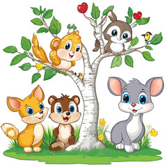 Naklejka premium Cute Animal Friends in a Tree