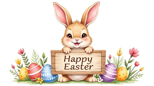 easter bunny with easter eggs. 
Watercolor illustration of an Easter bunny holding a wooden sign with the words "Happy Easter" surrounded by decorated eggs