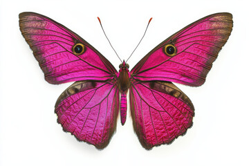 Fototapeta premium vibrant pink butterfly with striking patterns and large eyespots, showcasing its intricate wings against white background. This stunning insect symbolizes beauty and transformation