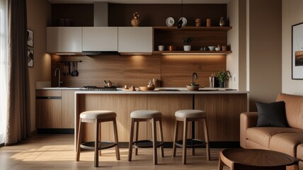 Modern minimalist kitchen with wooden island, three stools, and leather sofa.