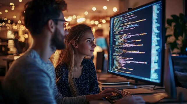 In a well-lit modern workspace, two coders engage in deep collaboration on coding projects, showing the synergy and creativity essential in today's technological landscape.