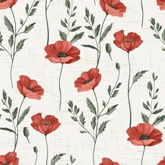 Seamless Floral Pattern, Red Poppy Flowers with Green Stems on Light Background, Watercolor Painting