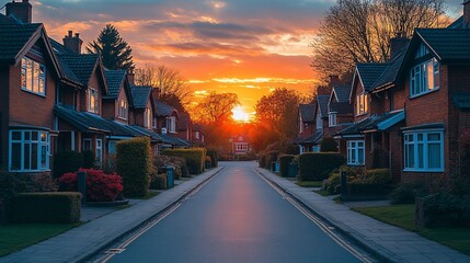Idyllic residential street at sunset.