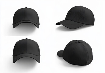 Black baseball cap with sleek design, showcasing multiple angles. Ideal for casual wear or sports activities, this versatile accessory adds style to any outfit