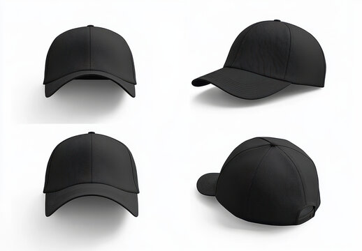 Black baseball cap with sleek design, showcasing multiple angles. Ideal for casual wear or sports activities, this versatile accessory adds style to any outfit