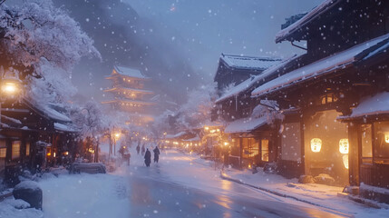 幻想的な雪降る夜の古都・雪化粧した伝統的な町並みと温かな灯りの風景｜歴史ある町家と石畳の路地が織りなす日本の美｜冬の観光スポット・旅行写真におすすめの絶景スポット【絶景夜景・雪景色】