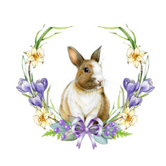 Easter mood festive wreath decor with cute bunny surrounded by daffodil flowers illustration. Perfect for holiday festive decoration, cards and seasonal designs. Isolated on white background