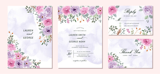 wedding invitation set with soft purple pink floral watercolor frame