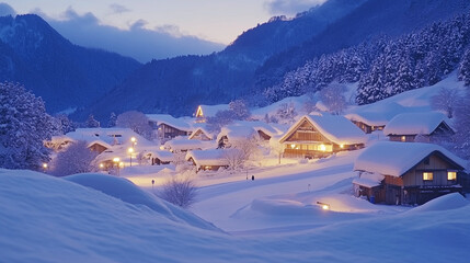 幻想的な雪降る夜の古都・雪化粧した伝統的な町並みと温かな灯りの風景｜歴史ある町家と石畳の路地が織りなす日本の美｜冬の観光スポット・旅行写真におすすめの絶景スポット【絶景夜景・雪景色】