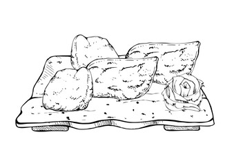 Japanese food inari tofu sushi set served on ceramic plate, tamagoyaki omelette tempura, ginger rose hand drawn in vector pen, ink. Illustration for restaurant, cafe menu, kitchen print, recipe book