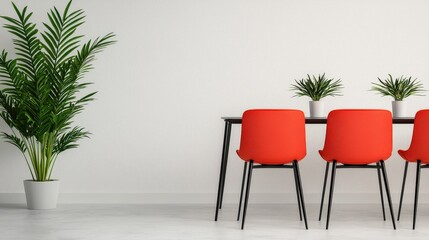 Modern Office Interior Design Red Chairs Plants Minimalist Decor