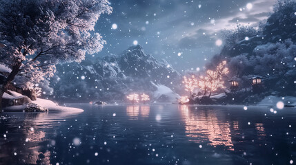 幻想的な雪降る夜の古都・雪化粧した伝統的な町並みと温かな灯りの風景｜歴史ある町家と石畳の路地が織りなす日本の美｜冬の観光スポット・旅行写真におすすめの絶景スポット【絶景夜景・雪景色】