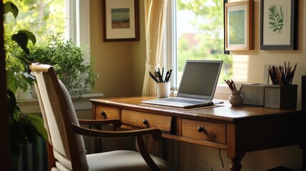 Serene Home Office Retreat, a tranquil workspace featuring a tidy desk, inspiring artwork, and an inviting chair, perfect for productivity and relaxation.