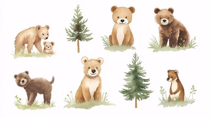 Obraz premium Charming Watercolor Illustrations of Forest Animals Featuring Bears and Trees Perfect for Children's Book, Nursery Decor, and Educational Materials