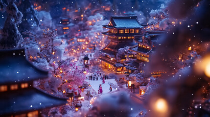 幻想的な雪降る夜の古都・雪化粧した伝統的な町並みと温かな灯りの風景｜歴史ある町家と石畳の路地が織りなす日本の美｜冬の観光スポット・旅行写真におすすめの絶景スポット【絶景夜景・雪景色】