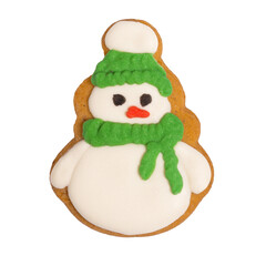 Homemade gingerbread cookie „Snowman“ on white color, isolated Christmas handmade gingerbread cookie „Snowman“ on white background, top view, flat lay