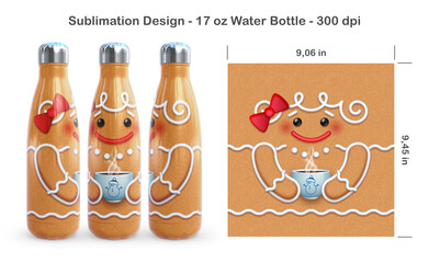 Funny Christmas Gingerbread. Seamless sublimation template for 17 oz water bottle. Sublimation illustration. Seamless from edge to edge. Full bottle wrap.