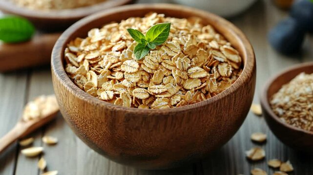 Dry rolled oats are presented in a rustic wooden bowl, garnished with a small sprig of fresh mint