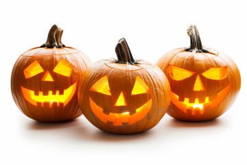 Three glowing jack-o'-lanterns with varied expressions: a cheerful grin, a classic smile, and a menacing glare. Perfect for festive Halloween decoration