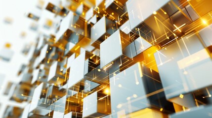 A vibrant abstract design featuring layered 3D cubes in gold and white tones, interconnected with glowing geometric lines, creating a sense of depth and luminosit